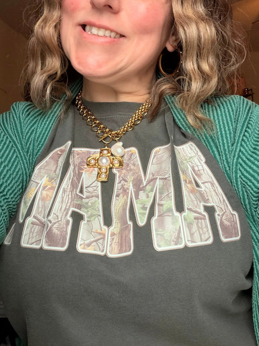 Mama Camo Letters on Comfort Colors Pepper T Shirt