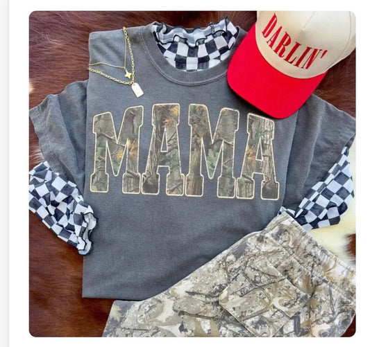 Mama Camo Letters on Comfort Colors Pepper T Shirt
